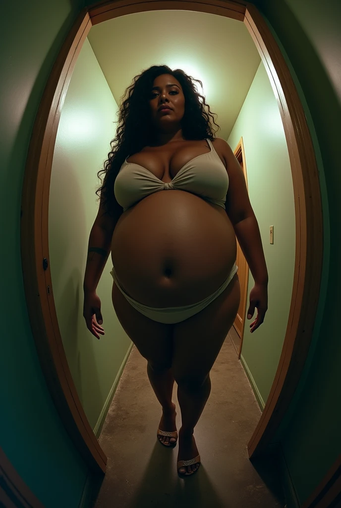 Pov fisheye camera view when you are trapped in a small room and when cardi b's mother approaches you with a big belly when she is 9 months pregnant with a fat plus size body . Hd 14K, Photorealistic, iphone camera style, highly shapering, high detailed, masterpiece, mid length shot
