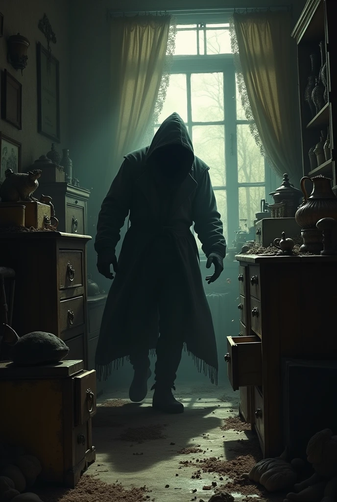 Inside a modest, dimly lit room filled with old furniture and objects. The thief is inside, carefully opening drawers and searching through items, focused and quiet. His movements are stealthy, and his posture is bent to avoid making noise.