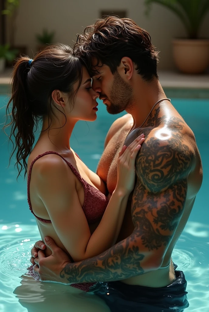 beautiful woman in a swimsuit, sexy, man touching her, woman on top of the penis(maximum detail on wet skin)