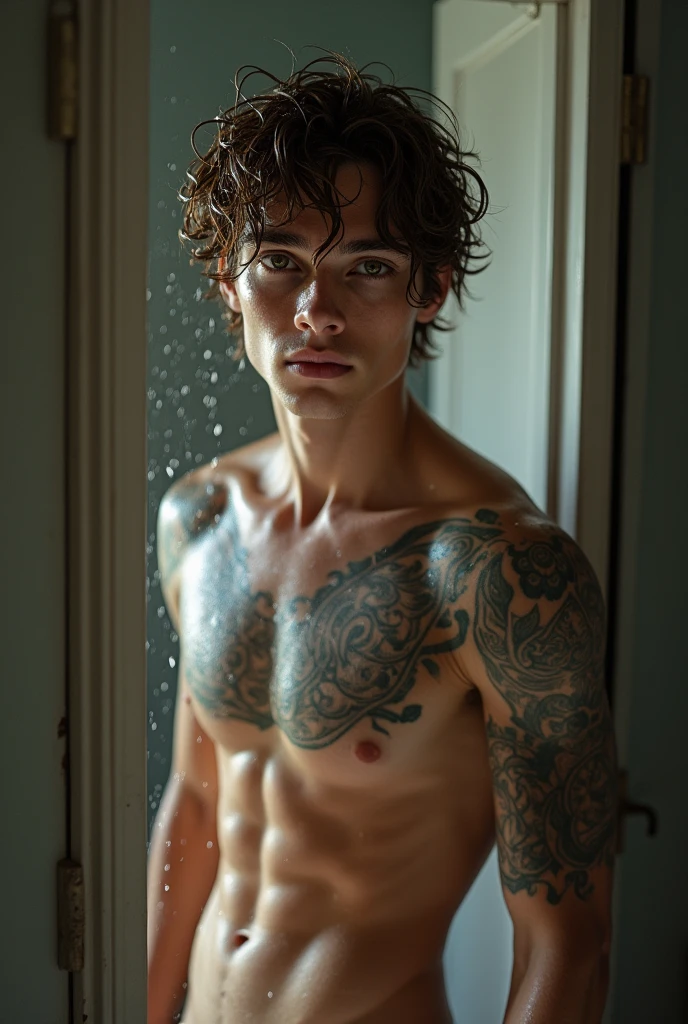 Young man, brown hair, eyes browns, very white skin, No blouse, tatuados. He just got out of the shower and his hair is wet, he opened the door.