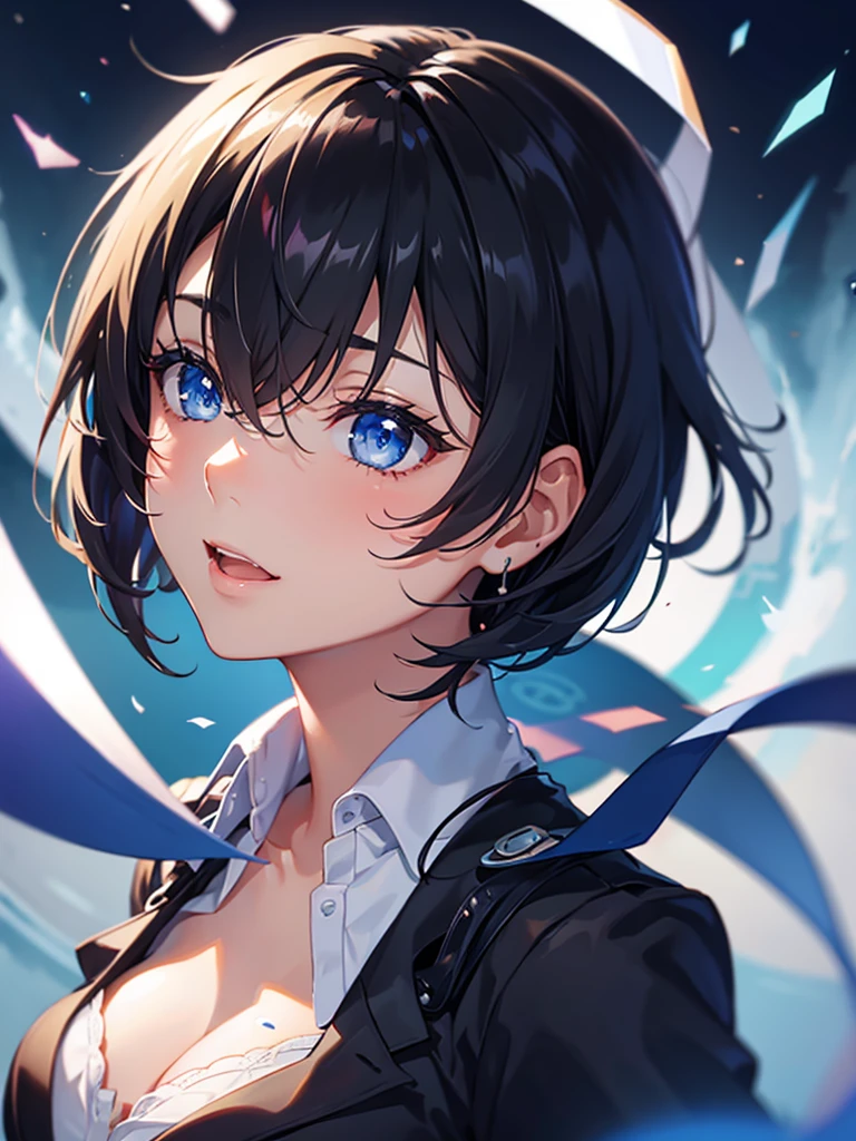 ((short hair, Highest quality, High resolution, Hmph, Pixel perfect, 4K, Hmph, Hmph))), One Girl, single, alone, Beauty、 (( Black Hair、bangs、Hair that falls over the shoulders)), ((Big blue eyes, Beautiful eyelashes, Realistic eyes、Double)), ((Detailed smile, )), ((Smooth texture:0.75, Realistic texture:0.65, Realistic:1.1, Anime CG style)), Big Breasts, Perfect body, Black Business Jacket, Closing the garment, White collared shirt, Black tight skirt、missing fingers/fewer digits、Dynamic Angle