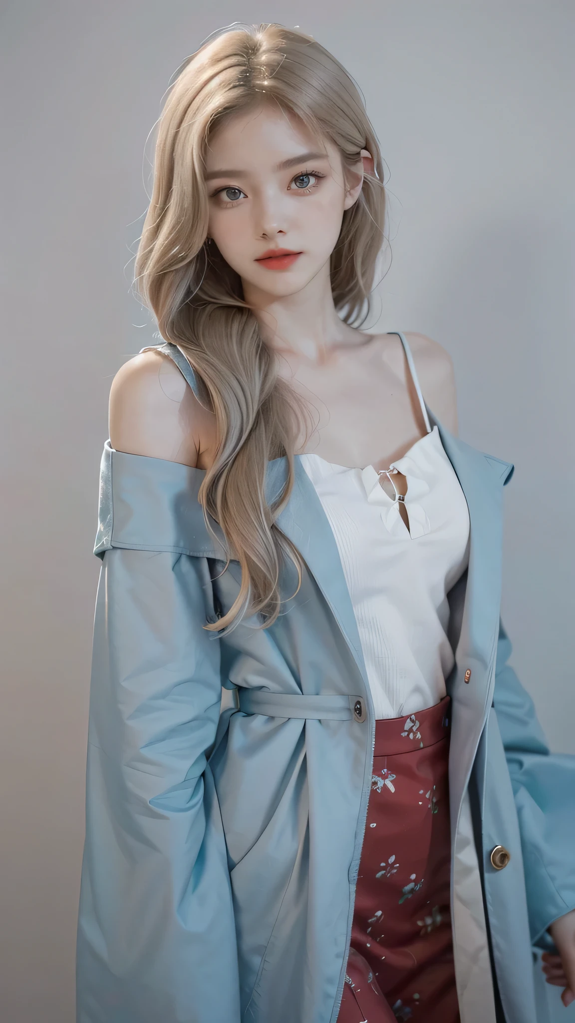 Girl wearing, luxury  cyan coat, shoulder length hair, wavy hair, glowing skin, star in eye, red lips, grey  background, cute poses , upper body, light blonde hair.
