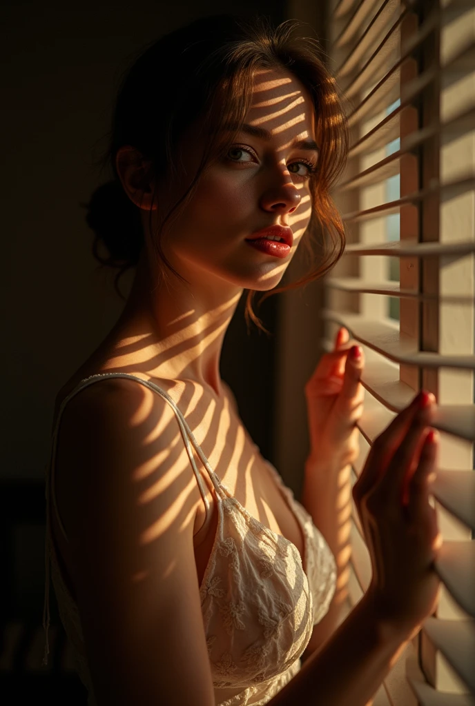 Portrait, masterpiece,best quality,official art, extremely detailed CG unity 8k wallpaper,absurdres,8k resolution, hyper realistic, ultra realistic, highly detailed, intricate detailed,
A beautiful Russian girl, 20 years old, sexy moist lips, wearing white lace spaghetti strap night dress, in the dark room, standing by the window with horizontal curtain blinds, the sunlight outside entering through the gaps of the curtains, (forming a very sharp striped horizontal pattern on her face), evening time, warm color grading, her hand slightly touching and opening the curtains for peeking outside, she's looking outside the windows. High contrast photo, sharp shadow and highlight, dramatic lighting, low key photography