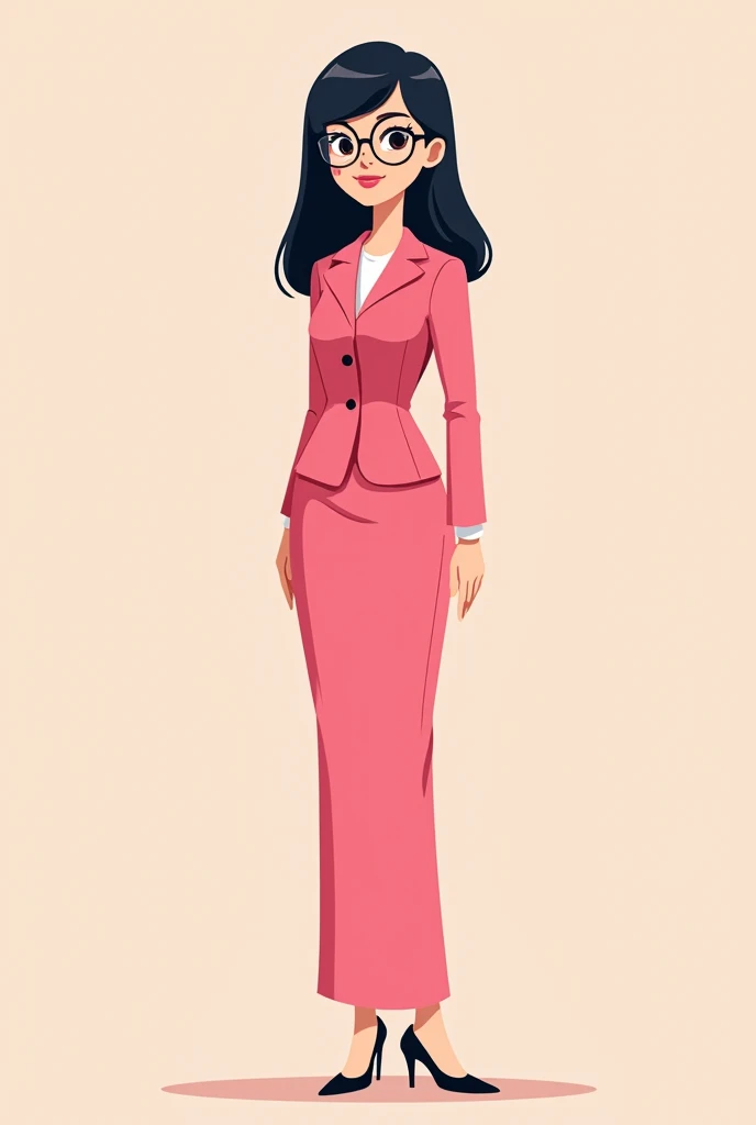 Draw a cartoon of a tall young woman with medium-long straight black hair, complexion media, black eyes with long eyelashes and round black glasses, medium light skin color, that she wears pink but is elegant and modest and expresses her gender, which is heterosexual .Whole body