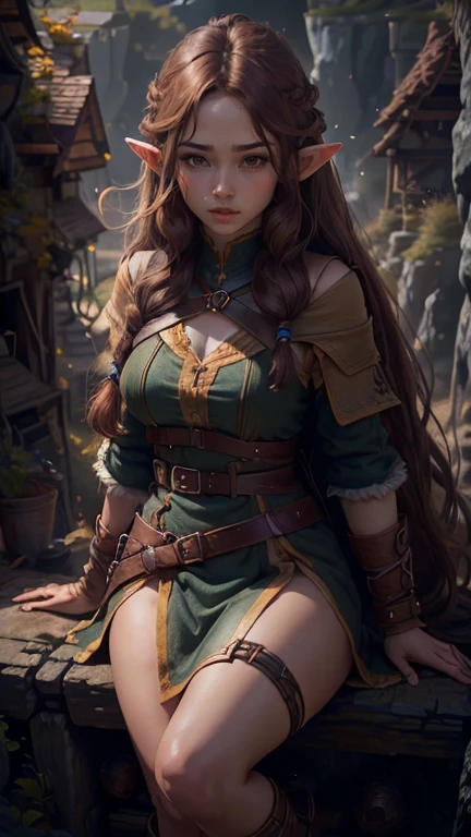 ((best quality))) (((HD))) (((8k))) (character) 20-year-old girl, ((adventurous)) elf, ((beautiful)) and ((serious)), ((brown hair)) and ((long hair)).