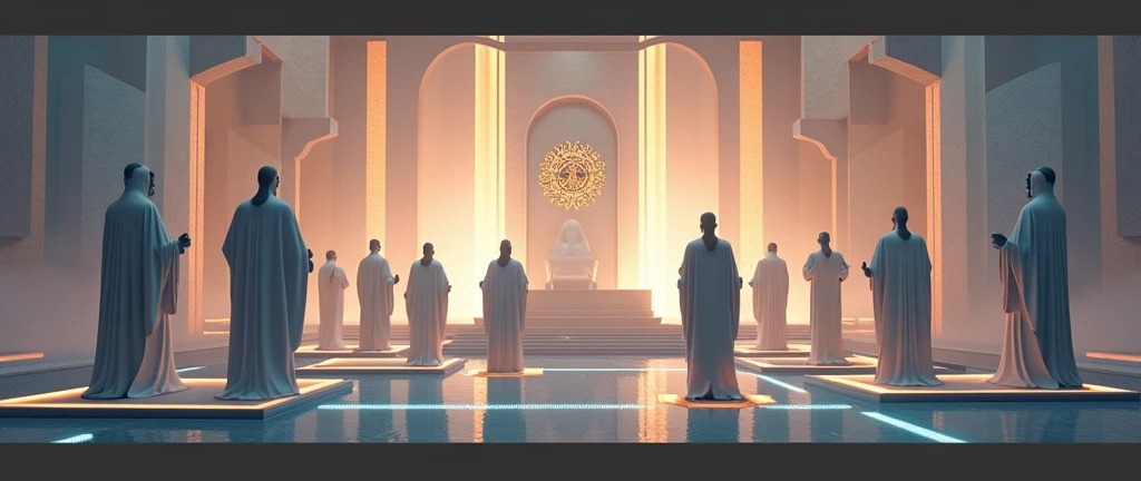 Design the homepage of a website for the Kingdom of Aetheria. The homepage should feature a grand, futuristic welcome with a sleek interface, including a logo of Aetheria, with a minimalist yet modern design, utilizing the symbols previously created to represent Aetheria. a close up of a futurist space with statues and a throne in the center. The overall theme should be clean, elegant, and futuristic. Blue and black color, ultra-resolution, intricately detailed, full shot, from face, 8k by Helmut Newton.