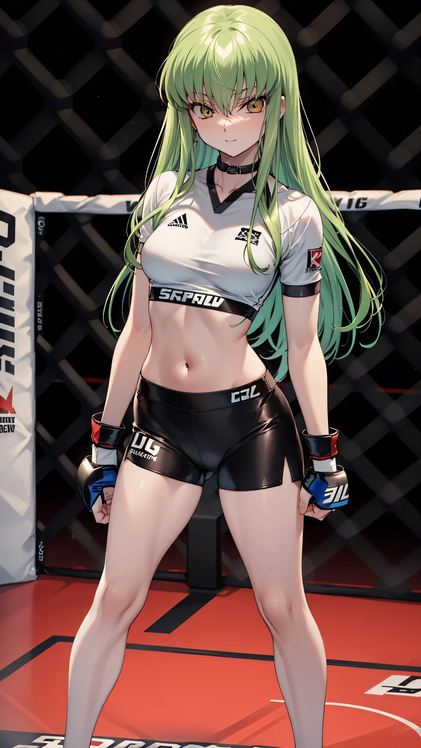 CC_Code Geass, Hair between the eyes, Very long hair 1 person, Bright light, smirking, alone, Full body shot, (masterpiece, Highest quality), 8k, Intricate details, (on MMA Arena :1.5), (wearing MMA uniform:1.5, white tops and black bottoms:1.3), thigh, belly button,Slender body,Slim,((Highest quality)), Sharp focus: 1.2, Highly detailed face, Highly detailed eye,Toned stomach,