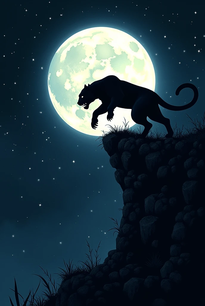 They create a drawing of a full moon setting with a black background and a panther jumping on top of the full moon and there are too many mirrors in the sky
