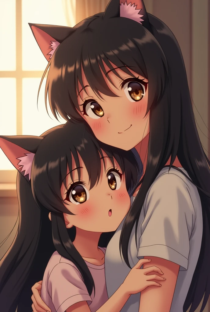 A mother and her daughter. Her mother is a 20-year-old anime woman with brown eyes and small bangs just like Hinata Hyuga's., and her daughter An anime girl who looks with cat ears, very long black hair with bangs similar to Inuyasha's and big golden eyes,