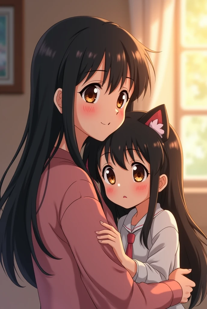 A mother and her daughter. Her mother is a 20-year-old anime woman with brown eyes and small bangs just like Hinata Hyuga's., and her daughter An anime girl who looks with cat ears, very long black hair with bangs similar to Inuyasha's and big golden eyes,