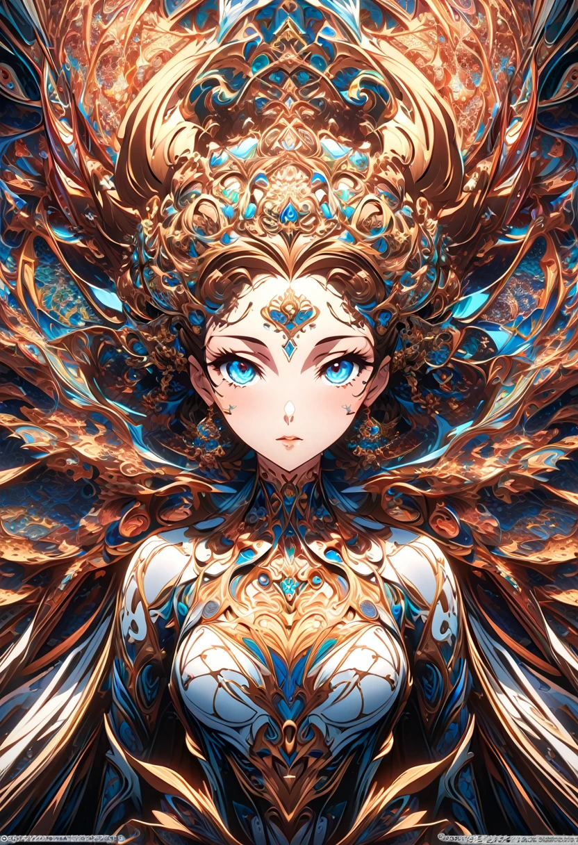 Ink painting, (((1 girl )), (((Tattoo in the middle of the forehead))), (((Oiran))), (((Great hair accessories))), Demon possession, , (((Masterpiece、Top quality للصورة、Highest quality、وحدة Very detailed 8kWall paper))), ((And covered with jewelry, an illustration of a single girl、All body covered))、(((beautiful girl))), (Masterpiece, Top quality, Best quality, Official art, Beautiful and aesthetic:1.2), A girl stood alone in front of an amazing work of art., Her eyes are wide with admiration., (Very detailed), Face up close, (Fractal art:1.3), All body covered بدقة, The intricate patterns and colors of the Fractal artwork surrounded her, Every line and curve is carefully designed..Colorful spirals and geometric shapes blend seamlessly., Resulting in the creation of a stunning piece that captured the essence of abstract beauty.. (Top detailed), Every little detail is meticulously drawn., She invited viewers to explore the depths of art and lose themselves in its complexities..