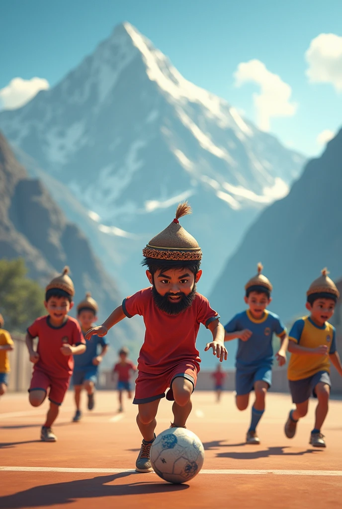 kids playing futsal inside futsal indoor court where a fat boy with beared and moustac is kicking ball, all players are wearing nepali hat playing at lab of himalayans range