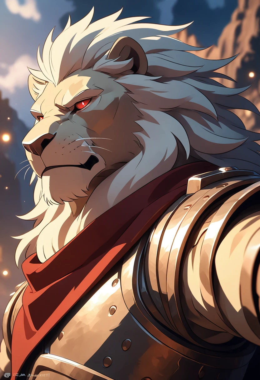 ultra detailed face, high details, old white anthro lion, named Vincent Frederick, ((white lion)) 4k,8k,high resolution, best quality, posted on e621, solo, anthro body, male, adult, masculine, correct anatomy, (detailsbackground, out-of-focus background:1.2), (by takemoto arashi:1.0), (by wfa:1), (by Taran Fiddler:0.5),(by Bontiage), a commander, (cel shaded, cartoony shading:1.2), moody expression, serious expression, grumpy expression, detailed face, good eyes, anime eyes, normal eyes, normal hands, black lineart, black outline, flat coloring, (strong shadows, dark shadows:1.2), at battle field, cloudy night, superior mane, a scar on left eye, center, a sheated sword on his side, wearing armour centre, red cape, first person perspective, superior mane, a scar on left eye, first person perspective, detailed portrait, correct anatomy, best quality, 4k, 8k, highres, masterpiece:1.2, ultra-detailed, anime, HDR, UHD, ultra-fine painting, sharp focus, physically-based rendering, extreme detail description, professional, vivid colors, bokeh.