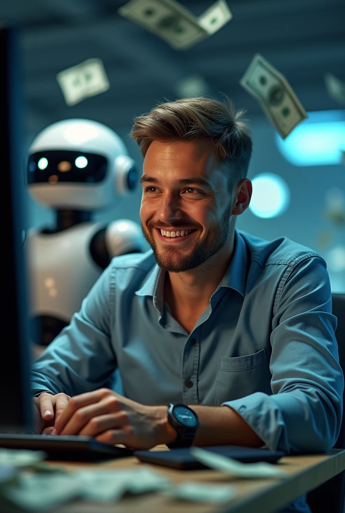 a man working on computers, with a satisfied expression, behind him a robot looking at the computer, and money scattered around the image