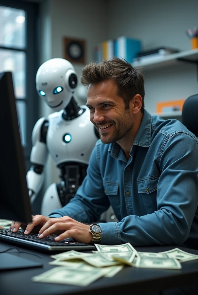 a man working on computers, with a satisfied expression, behind him a robot looking at the computer, and money scattered around the image