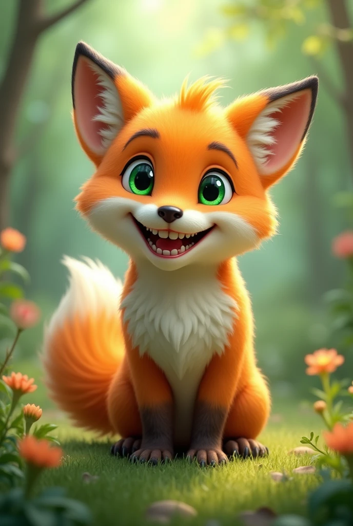 wolf with cute face fox tail green eyes and happy
