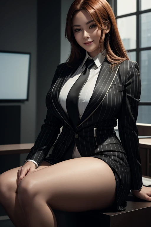 Giantess art,huge breasts, curvy figure, black pinstriped three-piece suit, crisp white form hugging tailored shirt, thick metallic red tie properly worn, Has ginger waist-length hair，Wearing a pair of platform heels, young adult woman, A look of enjoyment, Beautiful appearance, Full body depiction, Exquisite makeup，quality, Cinema lighting，film grain，8k，textured skin，Super details，high detail，high quality，high resolution, smile