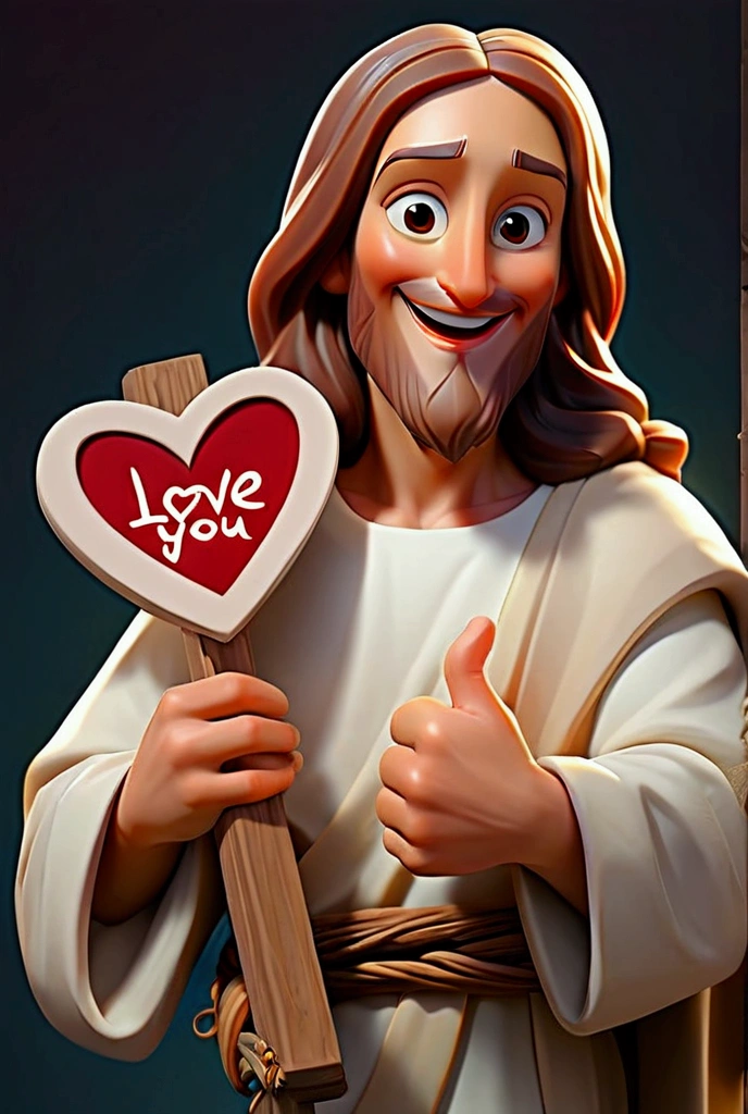 Jesus Christ smiling holding a sign that says I love you 