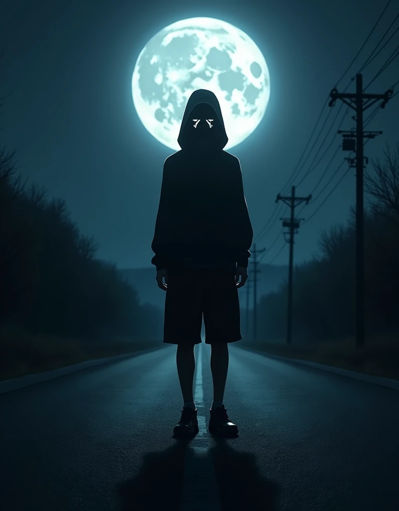 Anime  high in
dark area in road
Face hidden by Full mask 
Moon in the back
