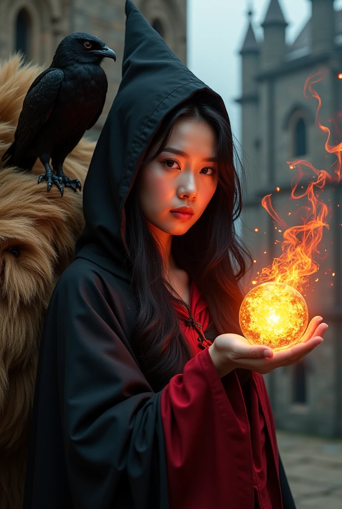 photo, asian woman, white skin, Facing straight, Half-body image size, Fluffy black hair, Long slender fingers, Black witch cloak, Red Hood, black witch hat, Sexy, There is a fireball in his hand., There were several red sparks and red smoke coming out of his hand., A black owl stands on the right shoulder., A large golden lion appeared from the left rear side., The background is an old black European style castle.