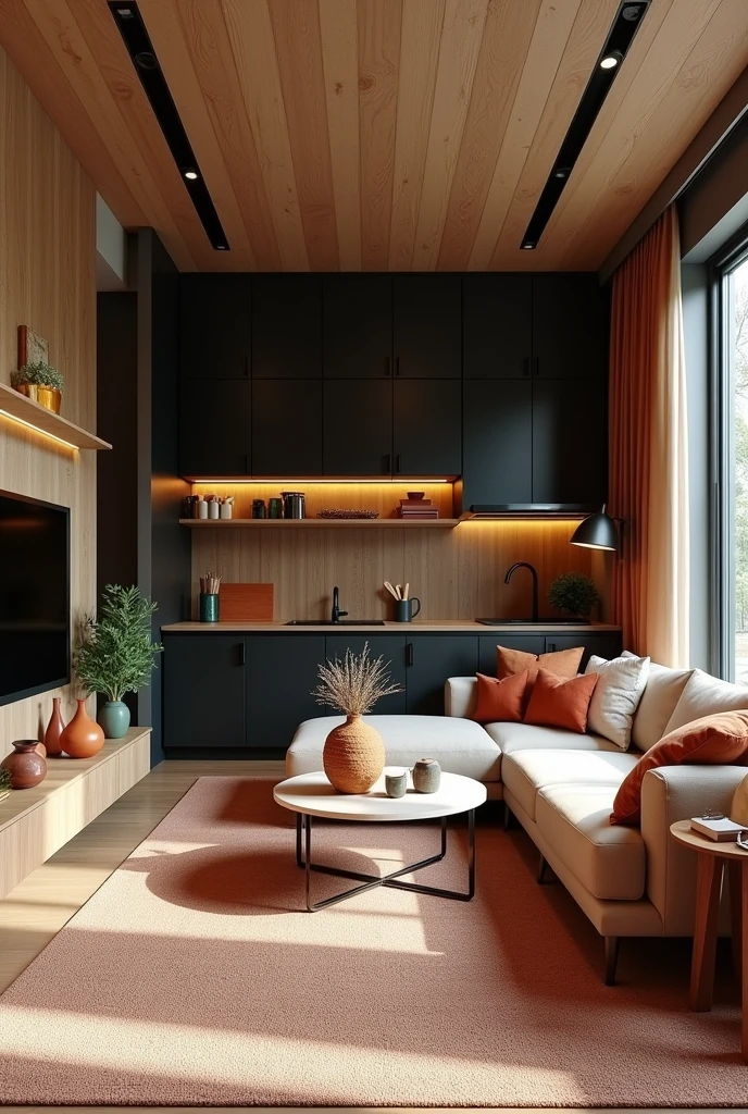 TV room and integrated dining room of a small apartment with a black kitchen, Wood, with specific decoration items in terracotta and green colors, with strategic lighting and large carpet