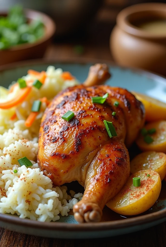 chicken with rice, May potatoes, cabbage salad