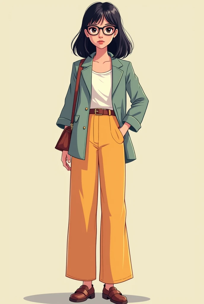 Draw a cartoon of a tall young woman with medium-long straight black hair, complexion media, black eyes with long eyelashes and round black glasses, medium light skin color, that she dresses feminine but elegant and modest and that she expresses her gender, which is heterosexual. .Whole body