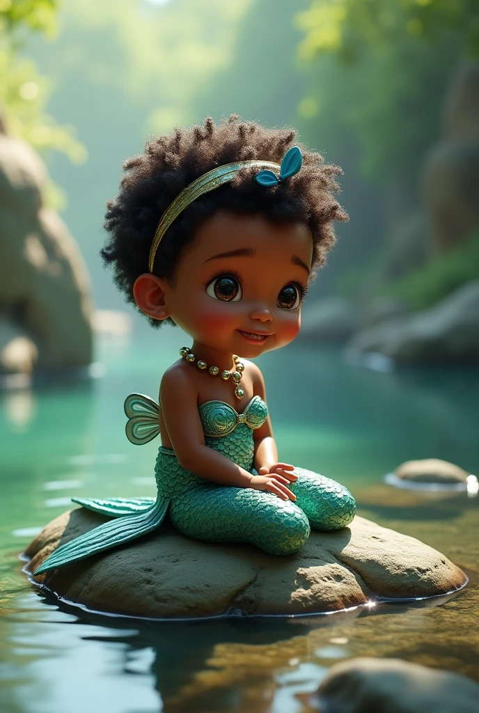  two  dark skin round face short curly hair with a headband dressed as a mermaid sitting on a rock round eyes big eyelashes small teeth and full mouth Pixar 3d