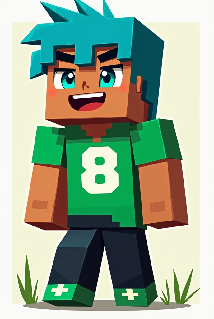 Make a cartoon image of a Minecraft character, brunette skin, hair blue, green shirt with a white eight in the middle, black pants, green shoe,