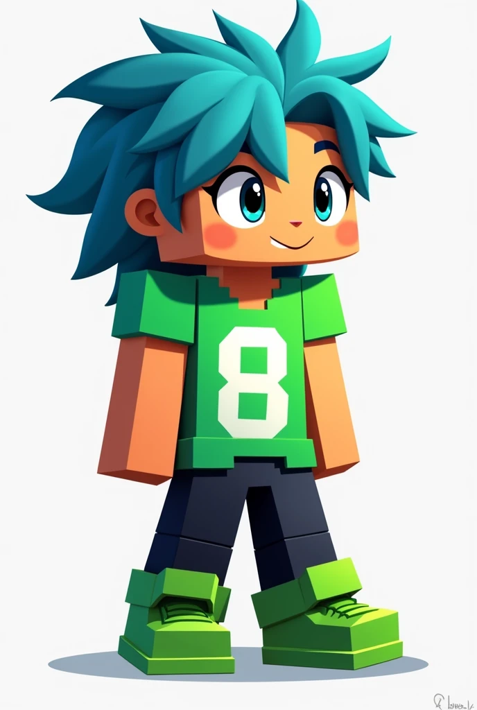 Make a cartoon image of a Minecraft character, brunette skin, hair blue, green shirt with a white eight in the middle, black pants, green shoe,