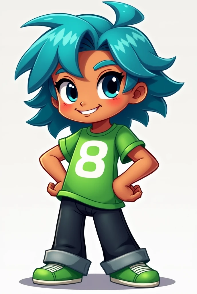 Make a cartoon image of a Minecraft character, brunette skin, hair blue, green shirt with a white eight in the middle, black pants, green shoe,