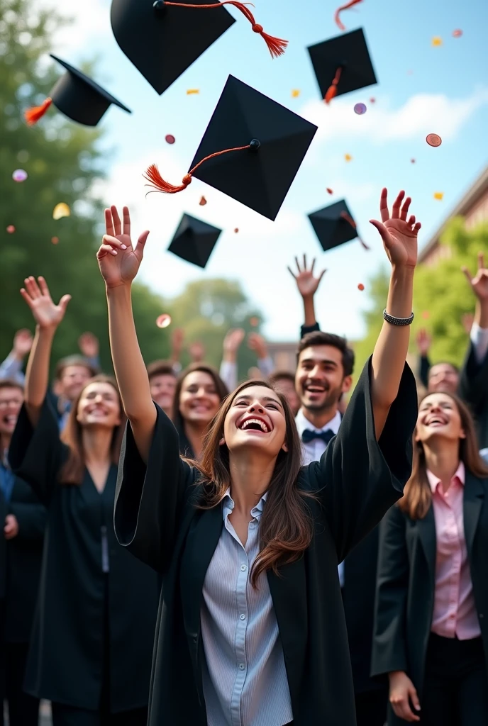 Several male and female students celebrating their graduation in medicine! Everyone throwing their “hat” in the air.