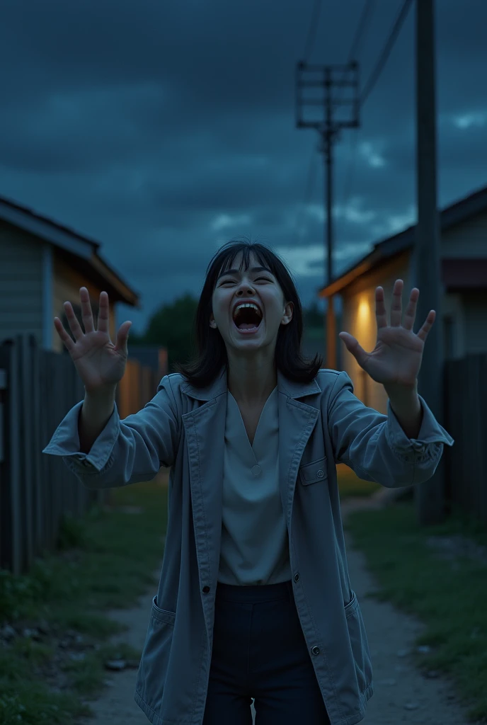 The woman outside the house is depicted with her mouth wide open, yelling "চোর! চোর!" in panic. Her face shows both surprise and a sense of urgency. The night is quiet, amplifying her voice, with a few distant houses in the background.