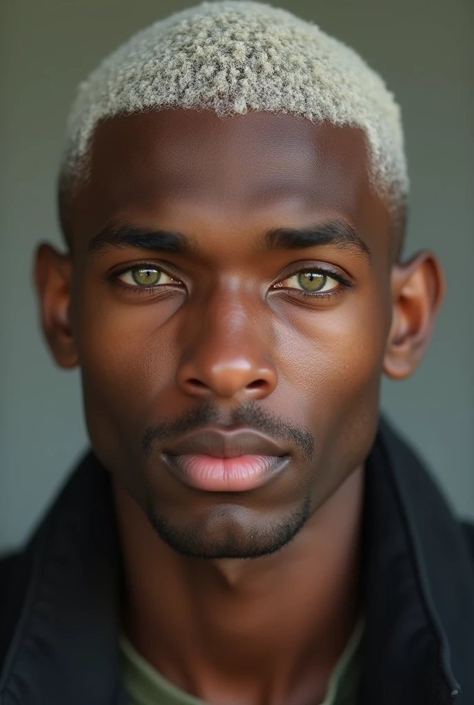 man with dark skin like coffee with milk, shaved white hair, green eyes, who does not have a beard, that your skin is less black and you look younger as a young adult, less dark

