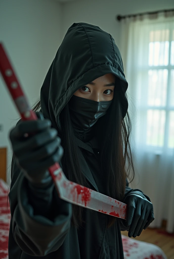 korean girl, (behind stiff, holding knife), stabbing, leather balaclava mask, black gloves, bloody room, black raincoat, bloody knife, black gloves, woman on top, white room, behind cadaver, blood splatter, on the bed, looking at viewer, mass murderer, killer, blood splatter, light from the window, close-up,