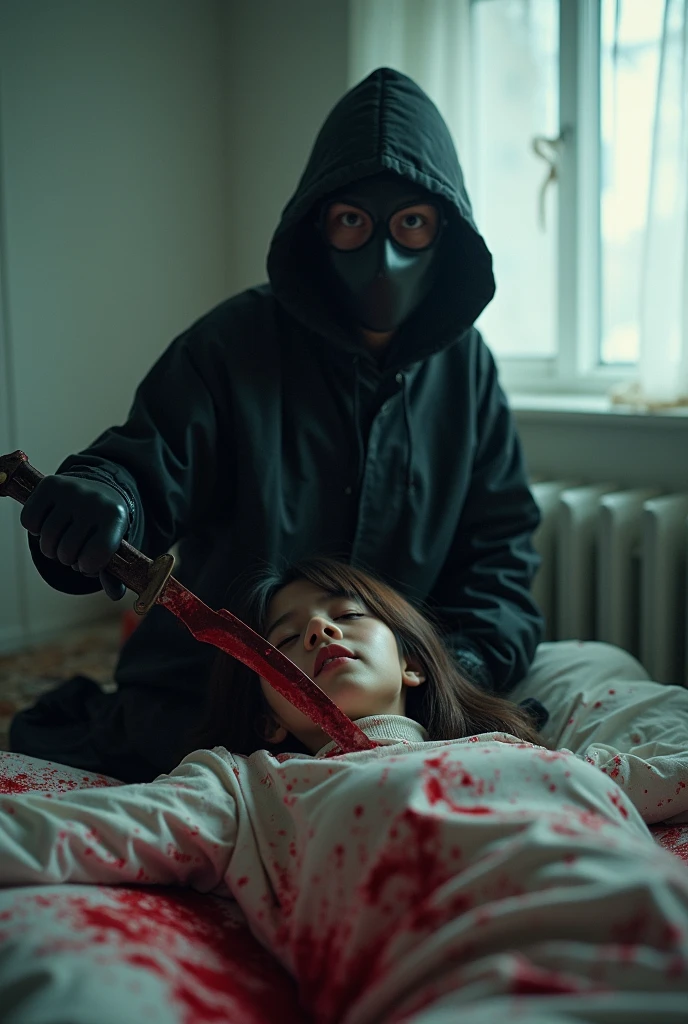 korean girl, (behind stiff, holding knife), stabbing, leather balaclava mask, black gloves, bloody room, black raincoat, bloody knife, black gloves, woman on top, white room, behind cadaver, blood splatter, on the bed, looking at viewer, mass murderer, killer, blood splatter, light from the window, close-up,
