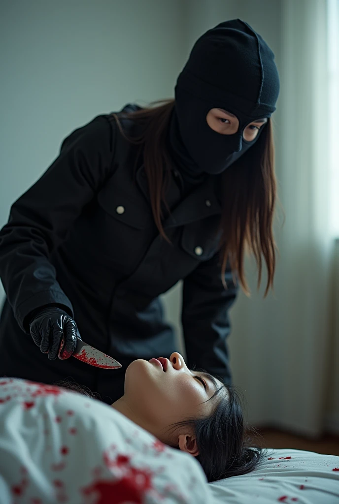 korean girl, (behind stiff, holding knife), stabbing, leather balaclava mask, black gloves, bloody room, black raincoat, bloody knife, black gloves, woman on top, white room, behind cadaver, blood splatter, on the bed, looking at viewer, mass murderer, killer, blood splatter, light from the window, close-up,