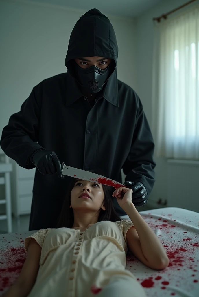 korean girl, (behind stiff, holding knife), stabbing, leather balaclava mask, black gloves, bloody room, black raincoat, bloody knife, black gloves, woman on top, white room, behind cadaver, blood splatter, on the bed, looking at viewer, mass murderer, killer, blood splatter, light from the window, close-up,