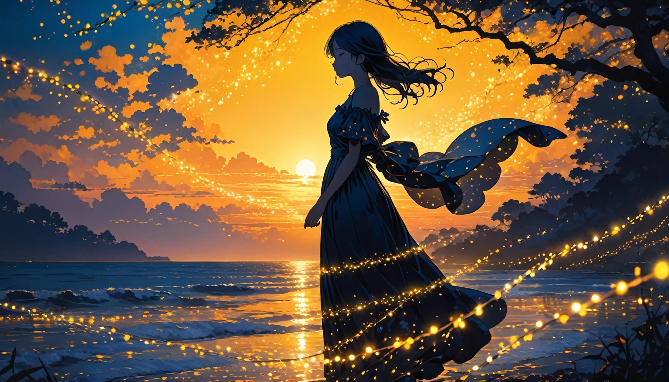 The image depicts a silhouette of a girl standing against a stunning sunset background. The sky transitions from a deep yellow near the horizon to a deep blue as it ascends. The figure appears to be enveloped in a series of tiny glowing fairy lights, some of which are illuminated, creating a stunning and captivating contrast to the dark silhouette. The figure appears to be holding out one arm, perhaps adjusting to or interacting with the lights. The overall mood of the image is peaceful and magical.