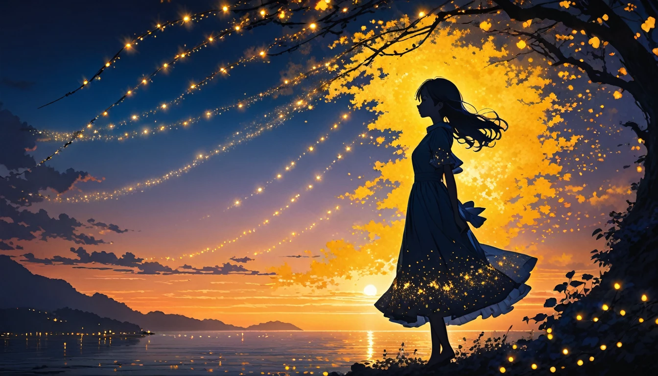 The image depicts a silhouette of a girl standing against a stunning sunset background. The sky transitions from a deep yellow near the horizon to a deep blue as it ascends. The figure appears to be enveloped in a series of tiny glowing fairy lights, some of which are illuminated, creating a stunning and captivating contrast to the dark silhouette. The figure appears to be holding out one arm, perhaps adjusting to or interacting with the lights. The overall mood of the image is peaceful and magical.