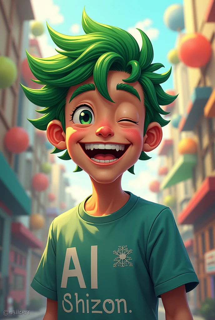 A laughing green-haired guy with a shirt with the AI logo 
