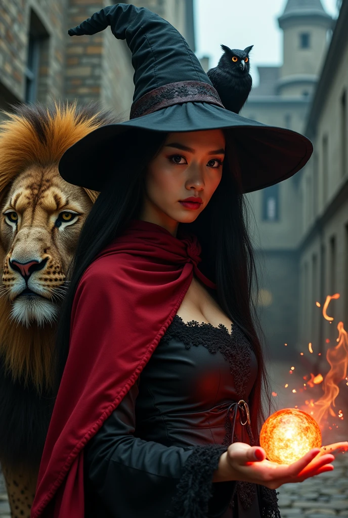 photo, asian woman, white skin, Facing straight, Half-body image size, Fluffy black hair, Long slender fingers, Black witch cloak, Red Hood, black witch hat, Sexy, There is a fireball in his hand., There were several red sparks and red smoke coming out of his hand., A black owl stands on the right shoulder., A large golden lion appeared from the left rear side., The background is an old black European style castle.