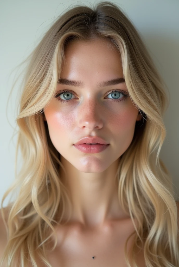 Photo realiste 1.2 : fille blonde de 19 ans, yeux bleu nez fin avec un grain de beauté a coté du nez, mâchoire ronde, photo d'identité 