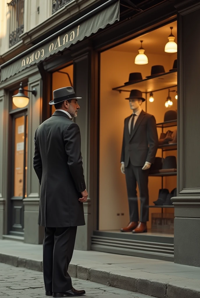 Vintage Italian man looking at the wide facade of a vintage menswear store with a mannequin retro hats glass elegant retro minimalist style lampshade summer 