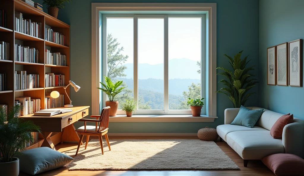 A reading room like this :
- many books in a big book shelf
- walls colour is light blue
- a study table and lamp on the table
- soft rug on the floor and some pillows
- a big window
- a small plant in the corner
- a cazy bed for sleeping