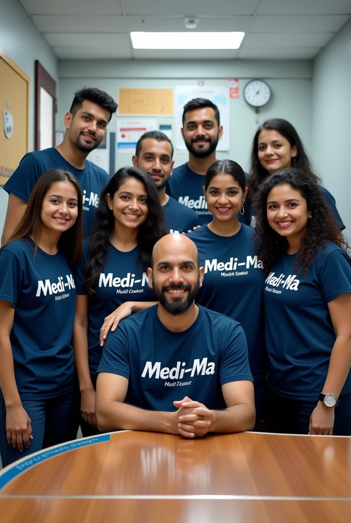 A team of women  as well men employees stand with similar t shirt name with medi-ma also bulletin board name with medi-ma. the owner sit on the table name with piyush sain also show medical Shop name with medi-ma 