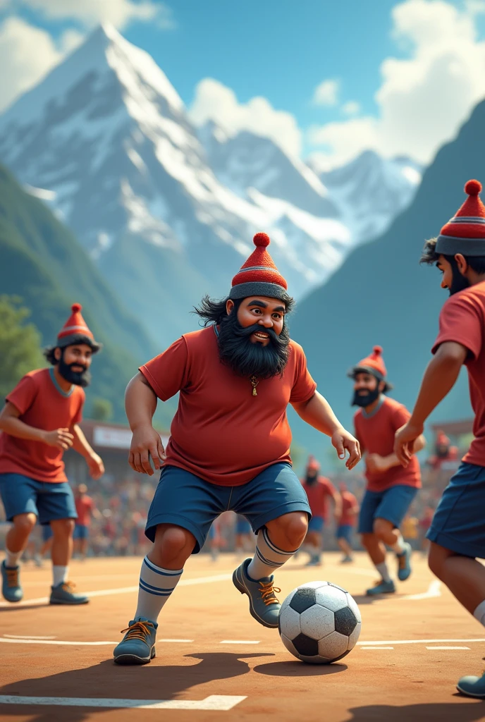 kids playing futsal inside futsal indoor court where a fat boy with long beared and moustac is kicking ball,  all players are wearing nepali hat playing at lab of himalayans range
