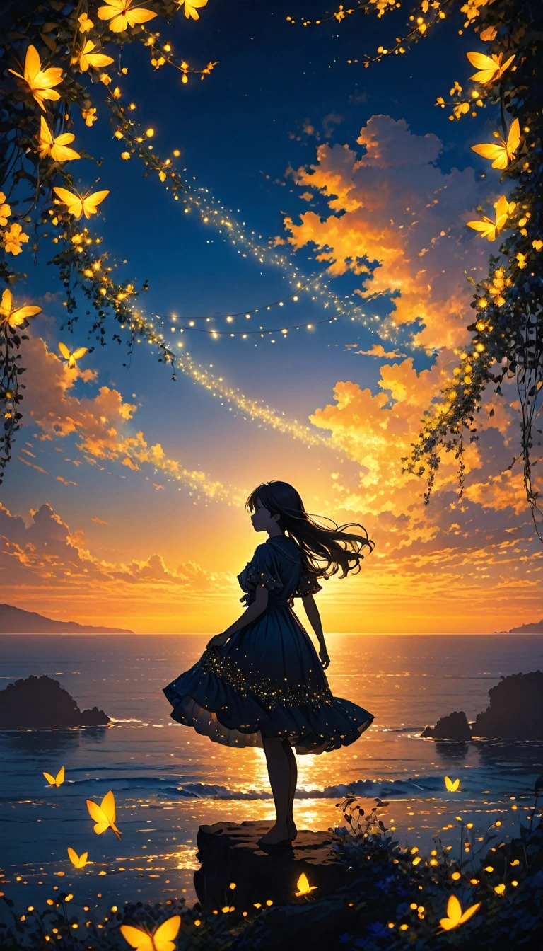 The image depicts a silhouette of a girl standing against a stunning sunset background. The sky transitions from a deep yellow near the horizon to a deep blue as it ascends. The figure appears to be enveloped in a series of tiny glowing fairy lights, some of which are illuminated, creating a stunning and captivating contrast to the dark silhouette. The figure appears to be holding out one arm, perhaps adjusting to or interacting with the lights. The overall mood of the image is peaceful and magical.