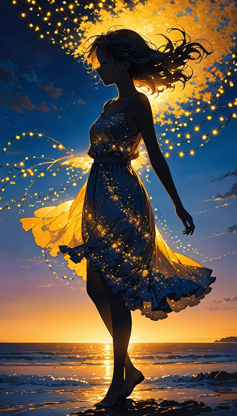 The image depicts a silhouette of a girl standing against a stunning sunset background. The sky transitions from a deep yellow near the horizon to a deep blue as it ascends. The figure appears to be enveloped in a series of tiny glowing fairy lights, some of which are illuminated, creating a stunning and captivating contrast to the dark silhouette. The figure appears to be holding out one arm, perhaps adjusting to or interacting with the lights. The overall mood of the image is peaceful and magical.