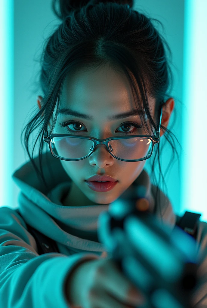 a beautiful young Caucasian woman is wearing metal for the futurist, cyberpunk, futuristic technology, and girls holding weapons in dazzling colors, wearing science fiction glasses, in the style of yuumei, light turquoise and light silver, waist shot, 8k resolution, joong keun lee, tanya shatseva, light arcade neon colours 